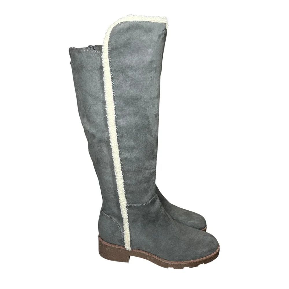 Dr Scholls Gray Faux Suede Knee High Boots Faux Shearling Trim Side Zip Lug Sz 8